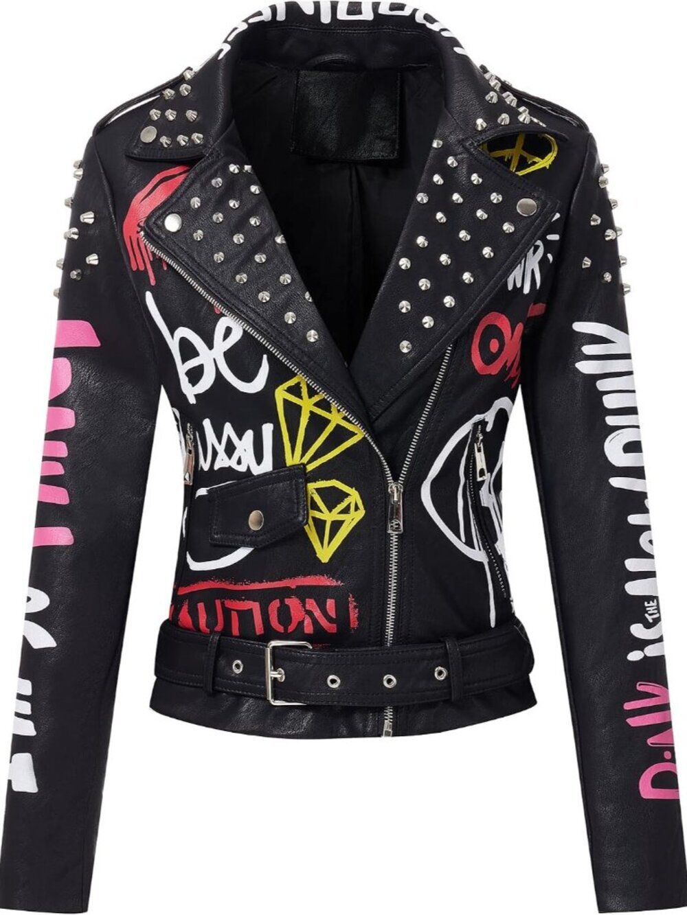 Faux Leather Jacket for Women Studded Rivet Floral Moto Biker Short Lapel Coat